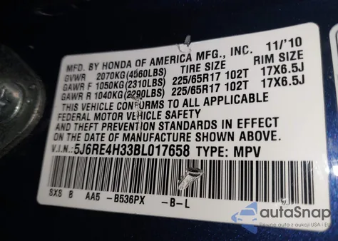 2011 Honda Cr-V Lx из США, поврежденный, VIN 5J6RE4H33BL017658